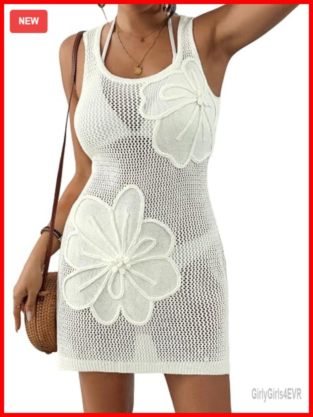3D Floral Crochet Swimsuit Cover Up Beach Tank Dress Vacation Outfit